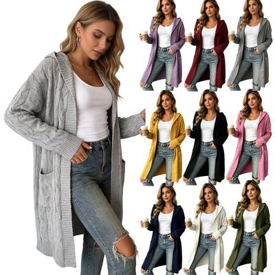 Damen Übergroßer Strickcardigan mit Kapuze Tasche Lang geschnitten Lockerer Sitz Zopfmuster Pullover