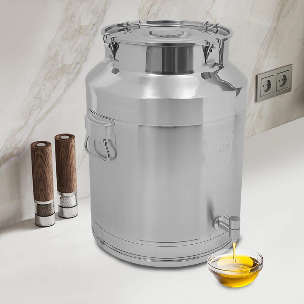 Modern Cylindrical 304 Stainless Steel Milk Jug with Spigot – 64L/16.9Gal Large Sealed Storage Bucket for Milk, Water, Honey