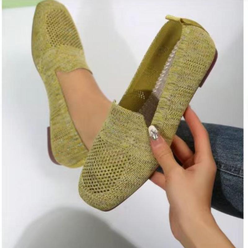 Womens New Solid Color Square Toe Mesh Loafers Shallow Soft Bottom Knit Casual Slip on Boat Flats