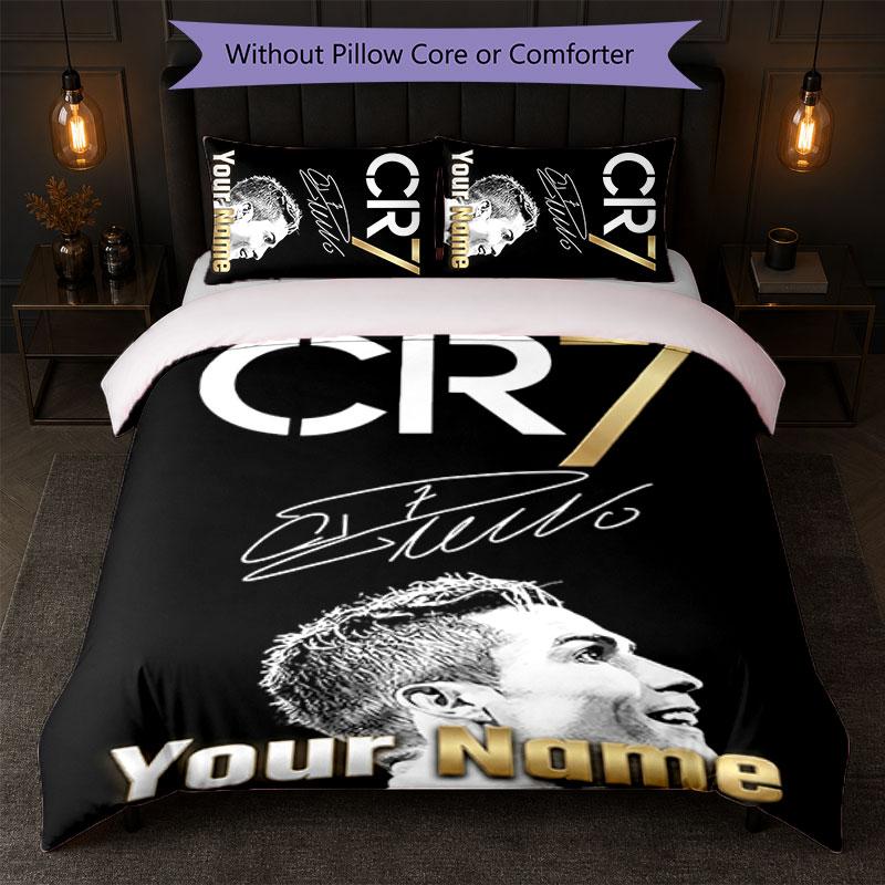 Set Biancheria da Letto Personalizzato Cristiano Ronaldo con Nome Testo 1 Copripiumino+2 Federe Logo Calcio Regalo Personalizzato per Occasione Speciale Arredamento Camera da Letto