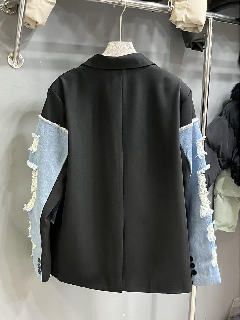 Korean Style Women's Denim Patchwork Cuffed Ripped Suit