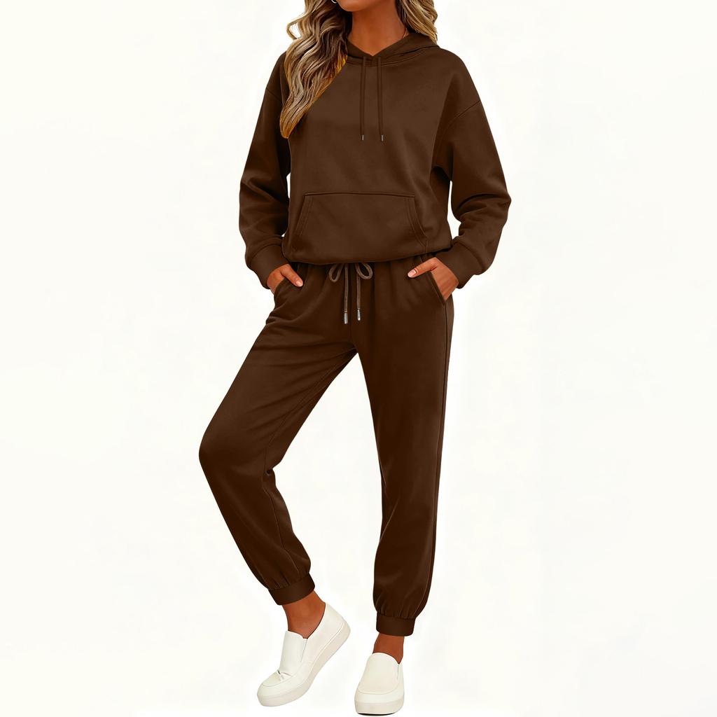 Women's Fashion Casual Solid Color Loose Hooded Sweatshirt Suit