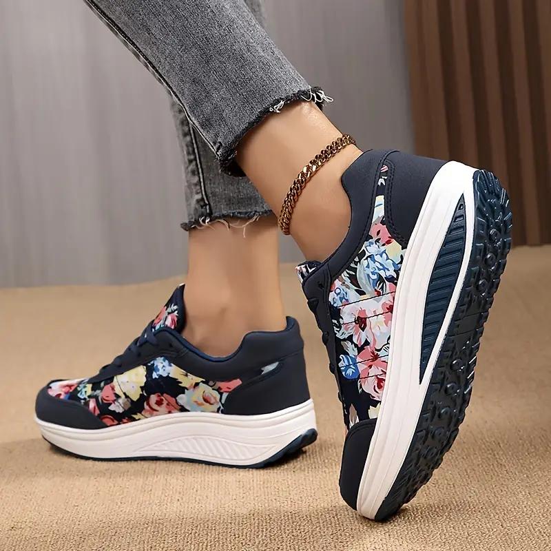 Damen Atmungsaktive Toningschuhe Geblümt Bequem Dicke Sohlen Schwingschuhe Plateau Keil Abnehmende Sneaker