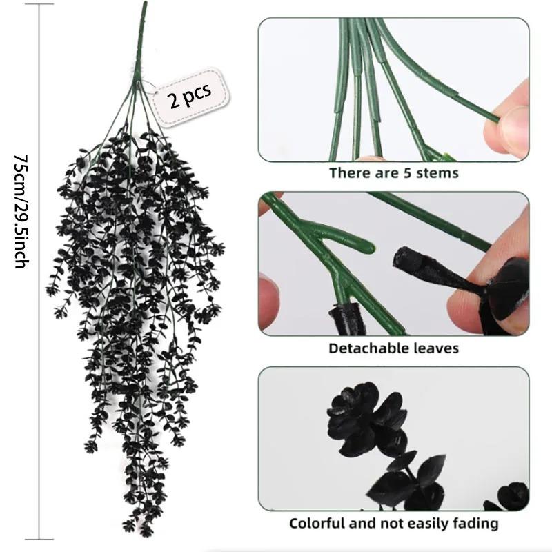 2Pcs Artificial Plants Black Vines UV-Resistant Protection Hanging Fake Plants Outdoor Indoor Home Garden Halloween Decoration