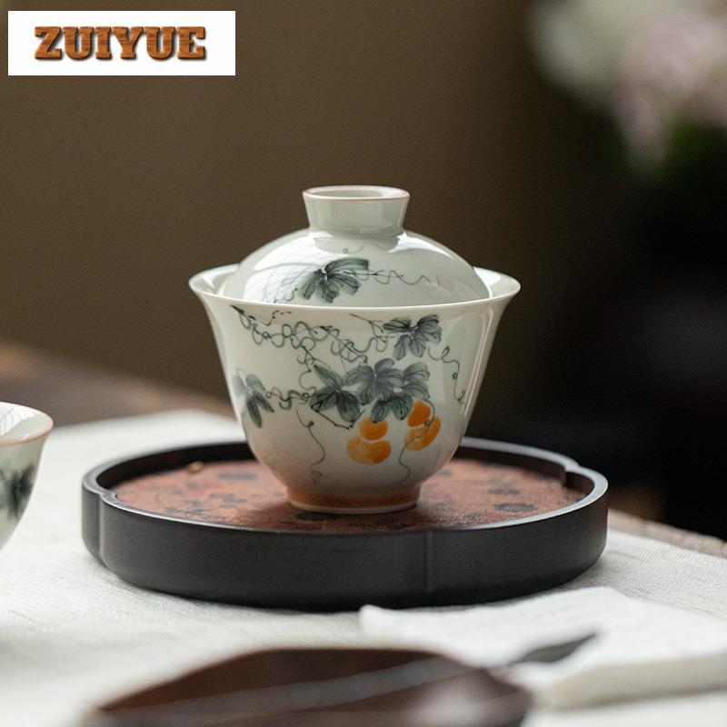 135ml Antique Green Hand-painted Gourd Gaiwan Ancient Tea Tureen Tea Bowl With Lid Kit Tea Brewing Cover Bowl Teaware Ornaments