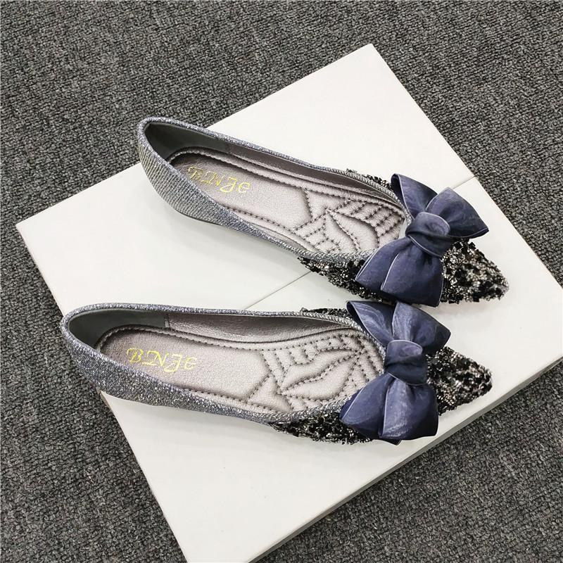 Evening Shoes Soft-soled Rhinestone Bow Bridesmaid Single Shoes Women's Spring New Versatile Pointed Head Shallow Mouth Flat Bottom Ladyshoes