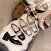 French square head ballet single shoes small leather shoes 2025 new bow light mouth retro thick heel Mary Jane shoes women