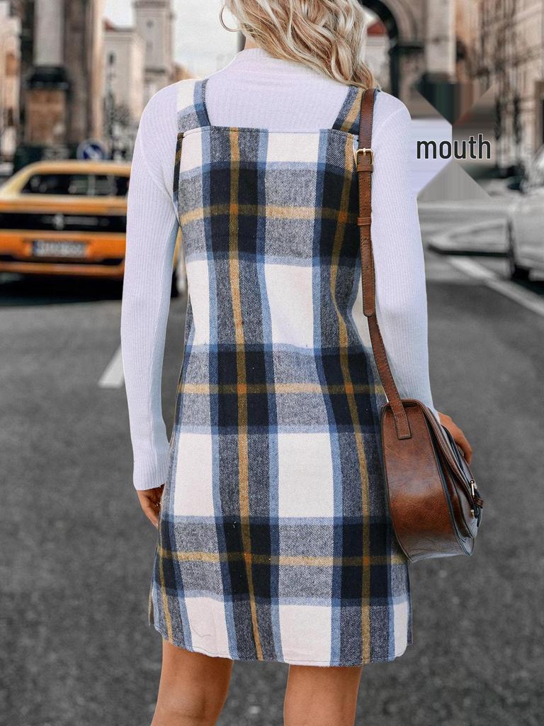 Europäisches & Amerikanisches Damen V-Ausschnitt Karomuster Taschen Latzkleid - Frühlings- & Herbstmode Kleidung