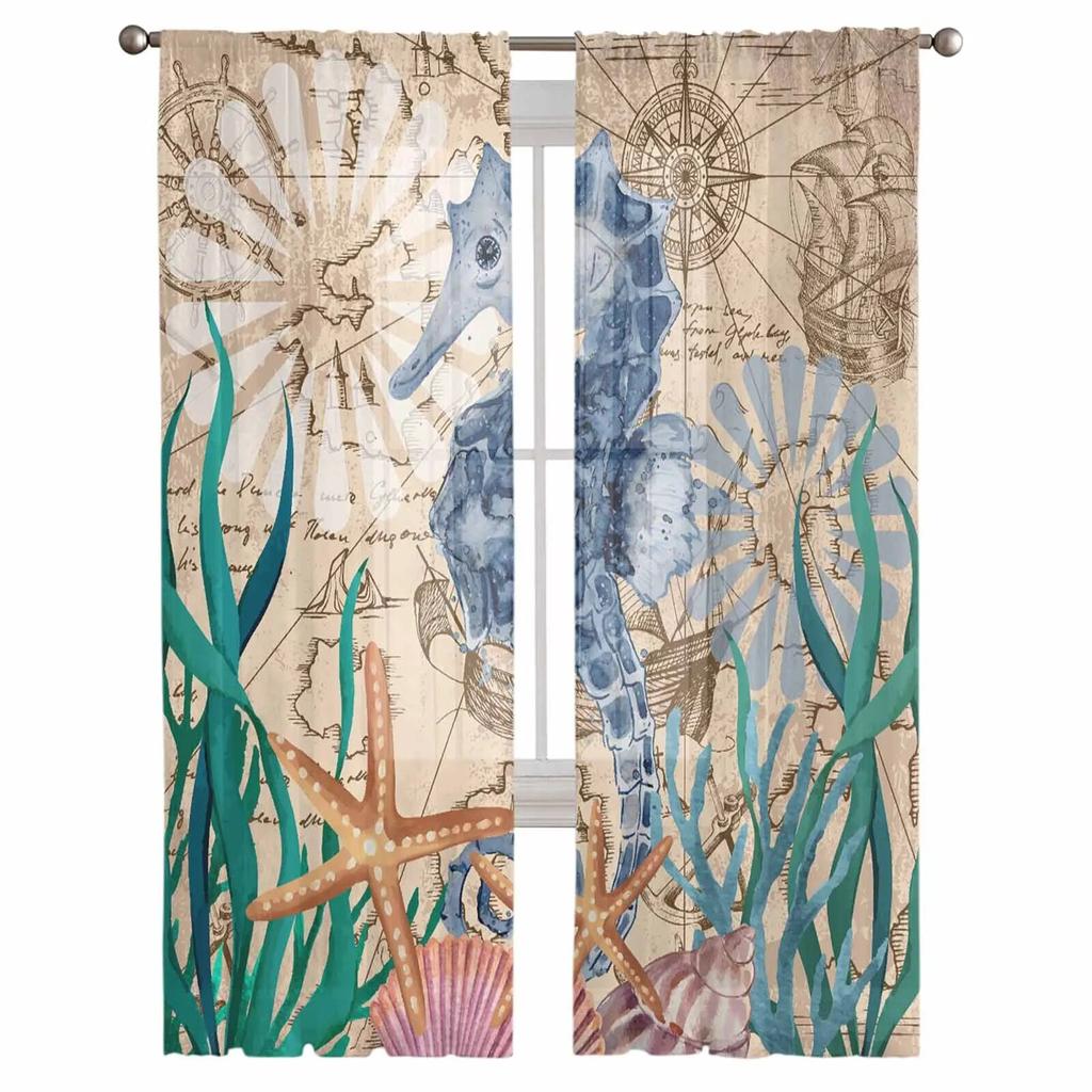 Seahorse Seaweed Starfish Shell Retro Sheer Curtains For Living Room Kitchen Window Curtains Bedroom Tulle Voile Curtains