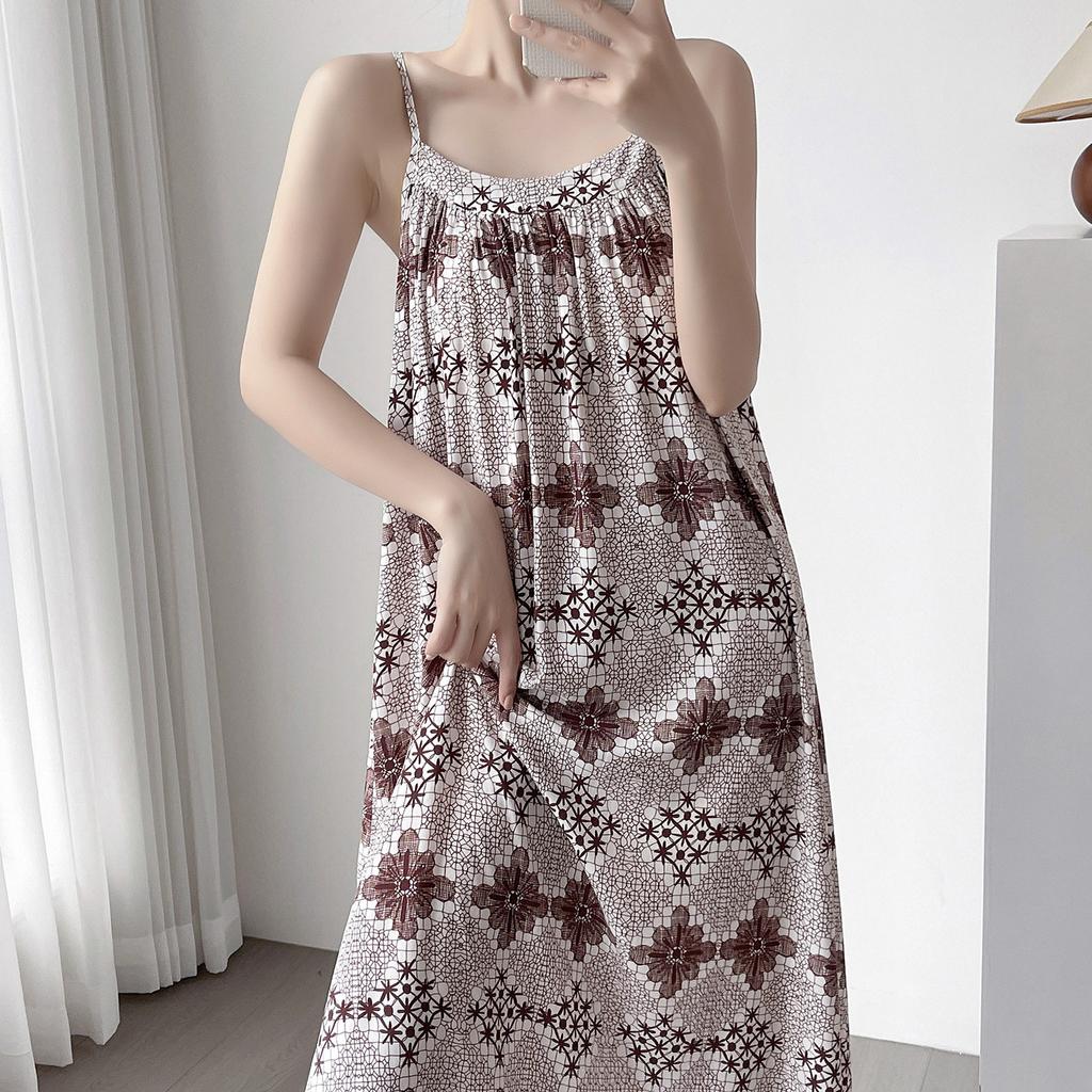 Summer cotton and silk suspender nightgown women's sleeveless chest pad can be worn outside loungewear anti-bumping artificial cotton dress