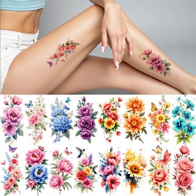 12pcs Temporary Tattoo Butterfly Motifs Waterproof Long-lasting Body Stickers Floral Designs Temporary Tattoo Stickers For