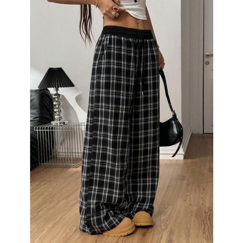Pantaloni Casual Lunghi a Quadri con Vita Elastica e Gamba Larga, Stile Vintage Rilassato, per Donna