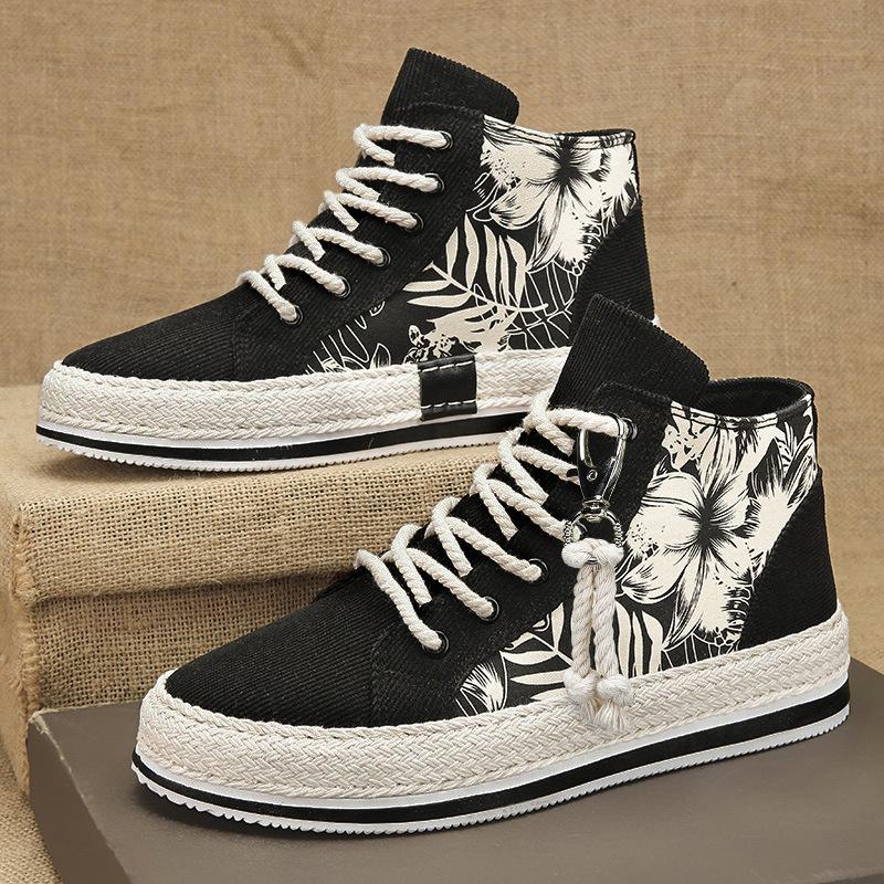 2025 New Straw High-top Board Shoes Corduroy Casual Shoes Men's Shoes Korean Version of Student Tide Shoes Four Seasons