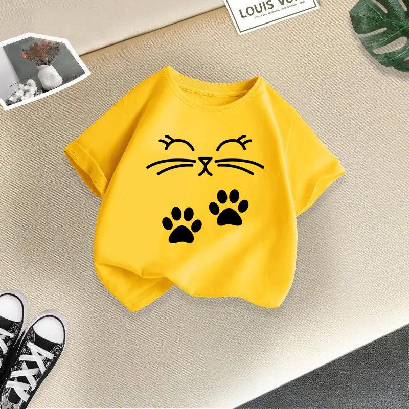 Summer Cute Cat Animal Print Round Neck Short Sleeved Tee Shirt for Boys and Girls Fashionable and Simple Children's T-shirt