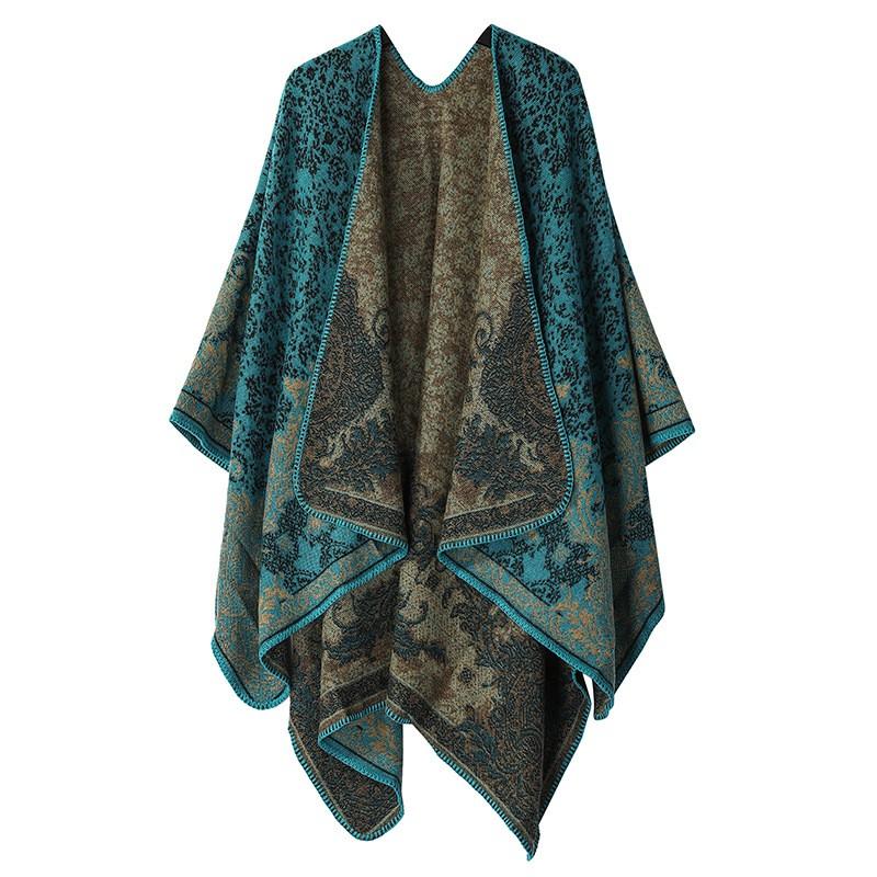 Womens Open-Slit Cape Shawl With Fringe Trim Double-Sided Knit Wrap In Vintage Style Travel Warmth
