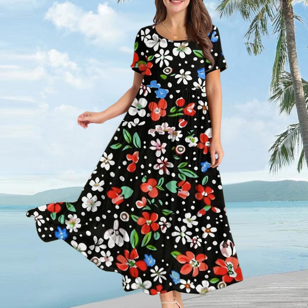 Women's Casual Loose Bohemian Floral Print Short Sleeve Dress