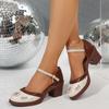 Elegant Ladies Chunky Heel Mary Jane Pumps Vintage Mix Color Printed Dress Shoes Woman Big Size Ankle Strap High Heels for Women