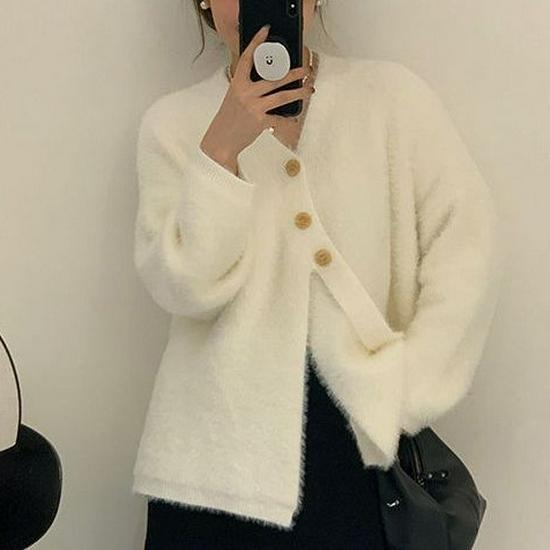 Women's Mid-Length V-Neck Mink Cashmere Cardigan Coat - Autumn/Winter