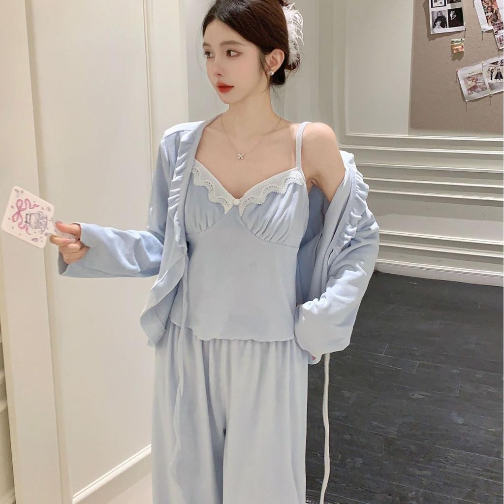 Autumn and winter island fleece with chest pad pajamas three-piece set sexy suspenders pure desire long-sleeved trousers double-sided fl loungewear