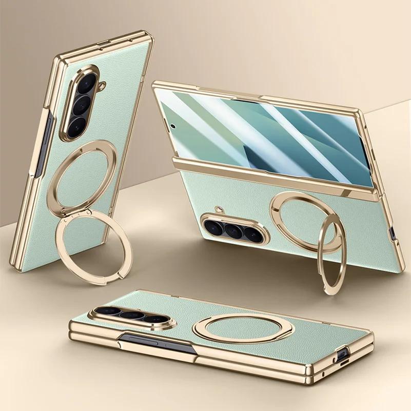 Rotatable Metal Magnetic Bracket Central Axis Leather Phone Case for Samsung Galaxy Z Fold 7 Slim Glass Protect Film Back Cover