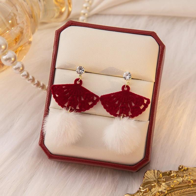 2024 Burgunderrote Ohrringe mit Schleife: Silbernadel, eleganter chinesischer Stil für Neujahr und Frühlingsfest