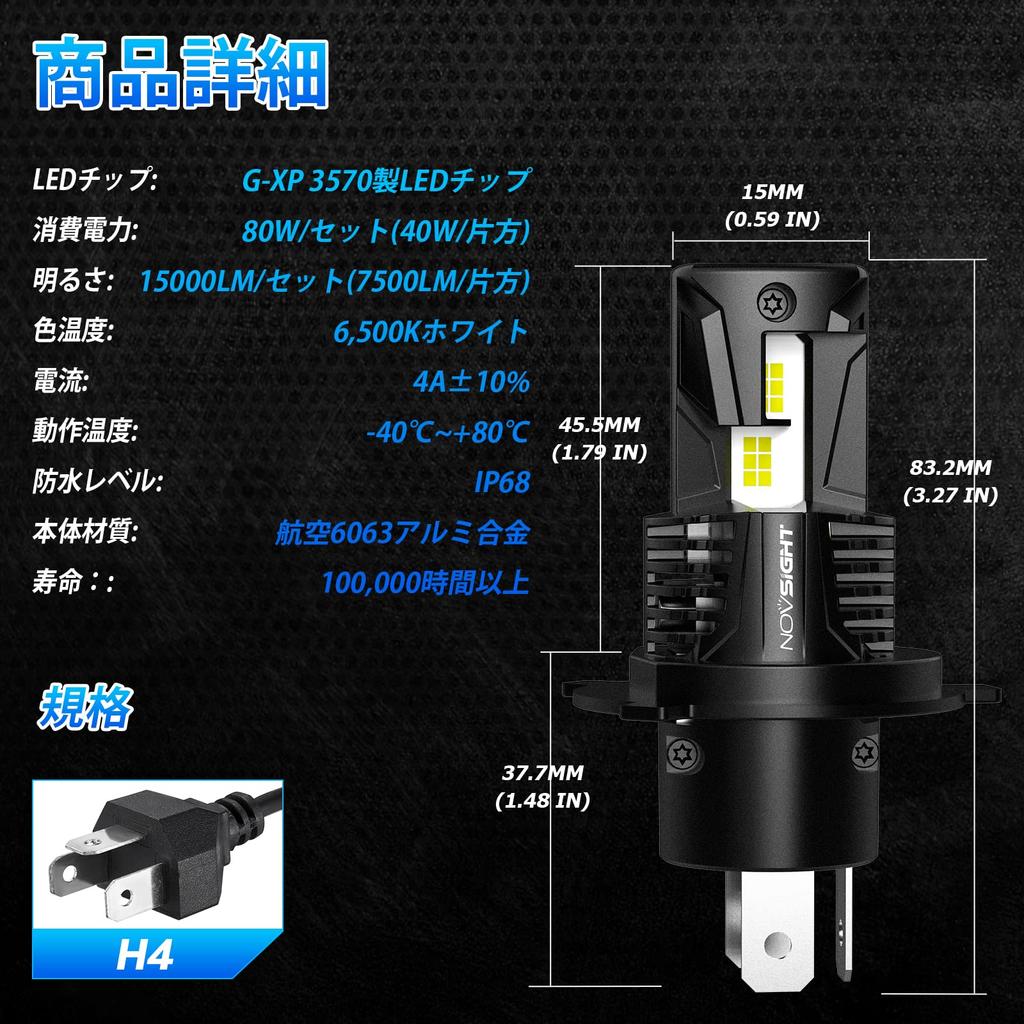 Novsight H4 Hi/Lo LED Headlights, Fog Lamp, 55W 12,000 Lumens, Non-Polarized, High-Quality LED Chip,