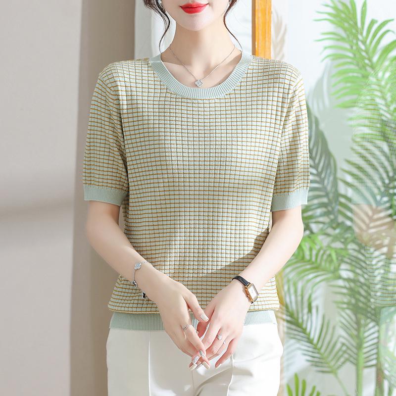 Mom's Summer Ice Silk Short-Sleeve Blouse - New Style for Mid-Aged Women, Thin, Fashionable Knit T-Shirt Top