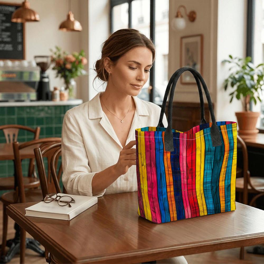 Colorful Striped Canvas Tote Bag Casual Large Capacity Shoulder Handbag for Daily Use