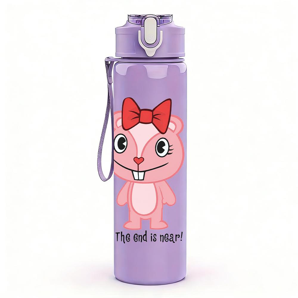 1PC Pink Pig Cartoon Figure Print 750ml Colorful Plastic Sports Water Bottle Leakproof Pop Lid with Straw for Outdoor Office Home Use