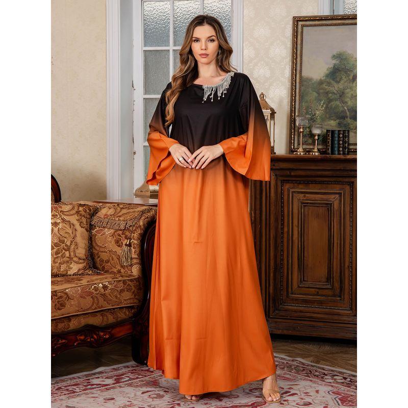 Middle East Cross-Border Amazon Women Clothes Dubai Dress Elegant Soft Light Satin Fixed Beads Gradient Robe Dress