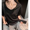 New White Lazy Style Loose and Simple Casual Front Shoulder Short-sleeved T-shirt Women's V-neck Design Niche Top