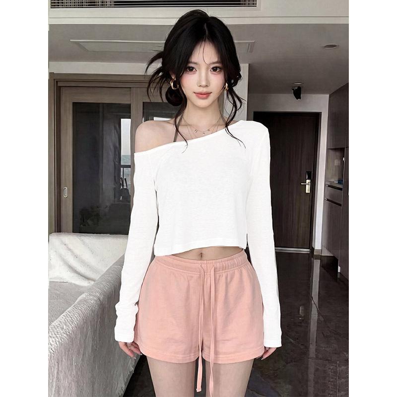 Sweet Spice Girl Casual Off-Shoulder Long Sleeve T-Shirt Women's Summer Slim-Fit Short Slash Shoulder Top Bottom Shirt