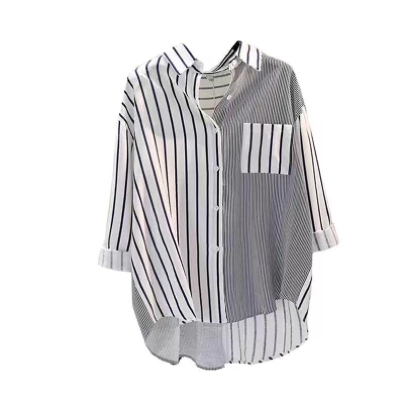 Single Pocket Color Blocking Vertical Striped Shirt Female Spring Literary Loose Casual Shirt Blouse Tide Vintage Basic Office Casual Women Shirt
