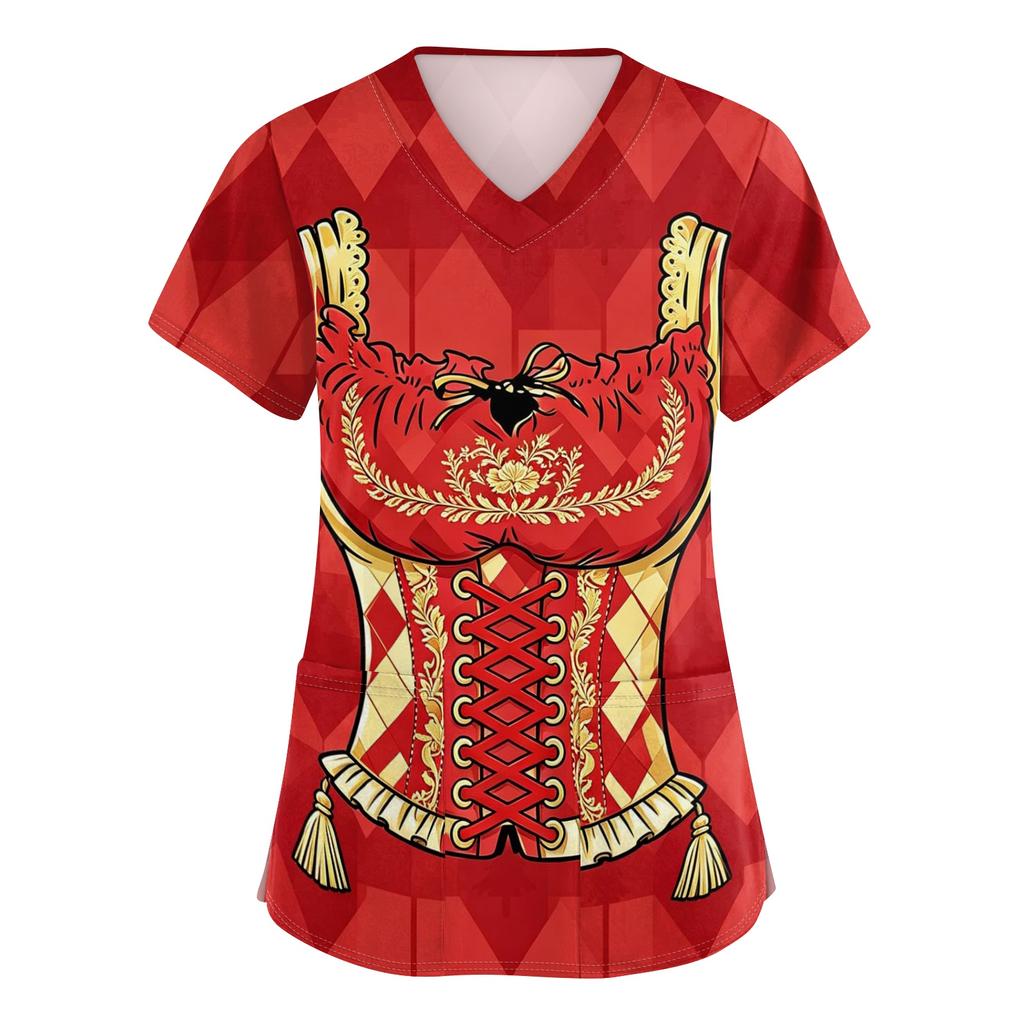 Women's V Neck Short Sleeve Work Shirt with Pockets Oktoberfest Print Top Medical Nursing Scrub Tee for Healthcare Professionals