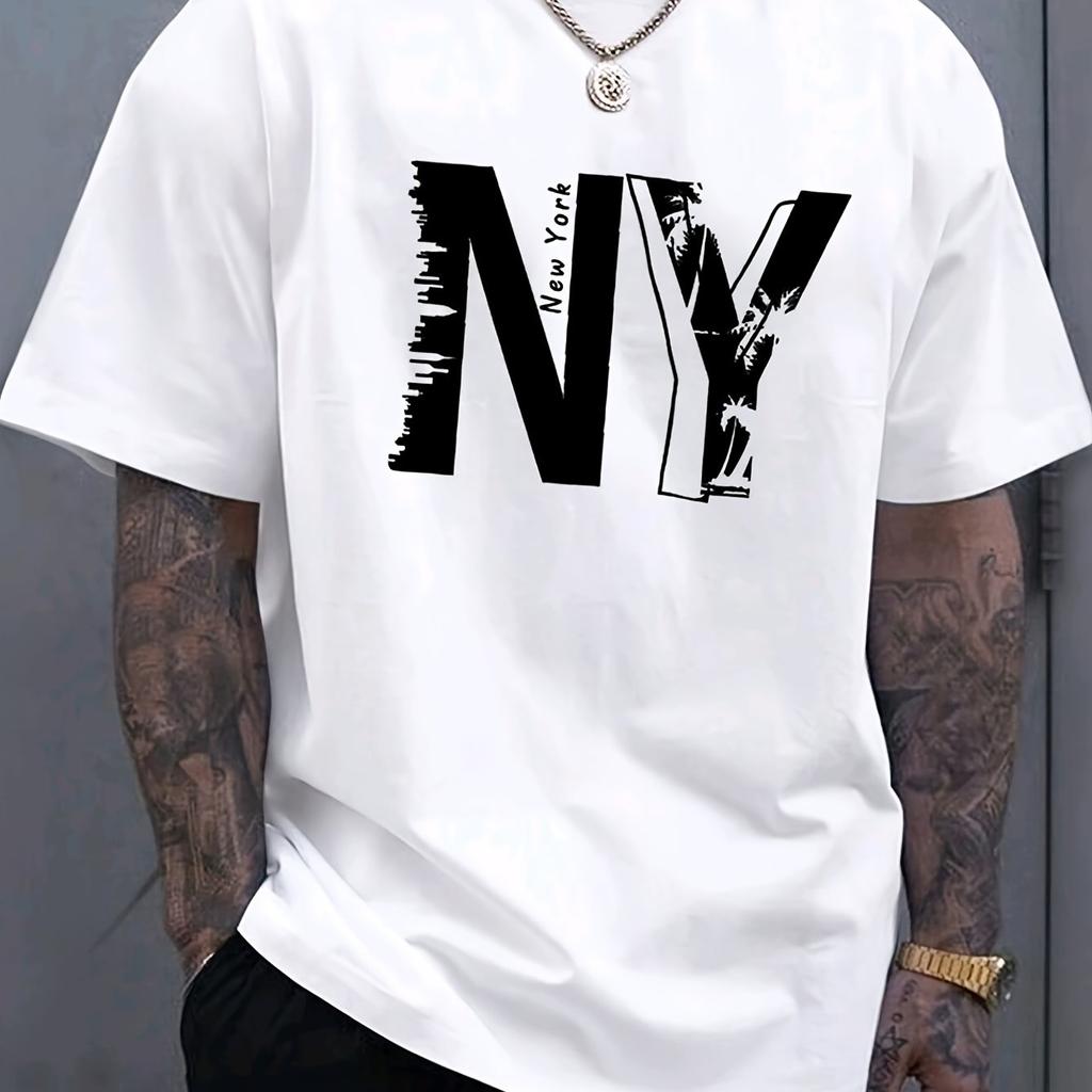 Summer Men's 100% Pure Cotton Casual Loose Plus Size NY Letter Printed Sports Comfortable Round Neck Short Sleeved T-shirt Top