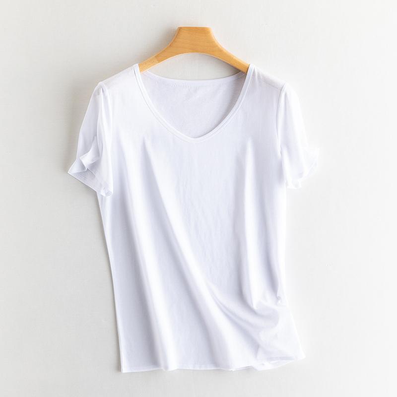 Sommer Kurzarm Damen T-Shirts Echte Seide Leinen Baumwolle T-Shirt Damen Lässige Tees V-Ausschnitt Frau Einfarbige Oberteile