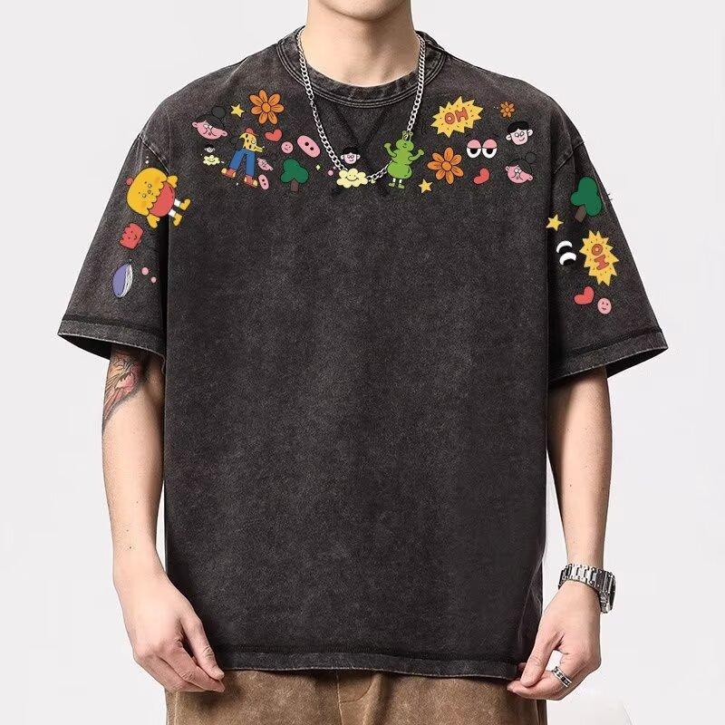 

Heavyweight Summer Round Neck Short Sleeve National Trend Original Cartoon Print Versatile T-Shirt Loose Slimming Couple Top M сірий колір