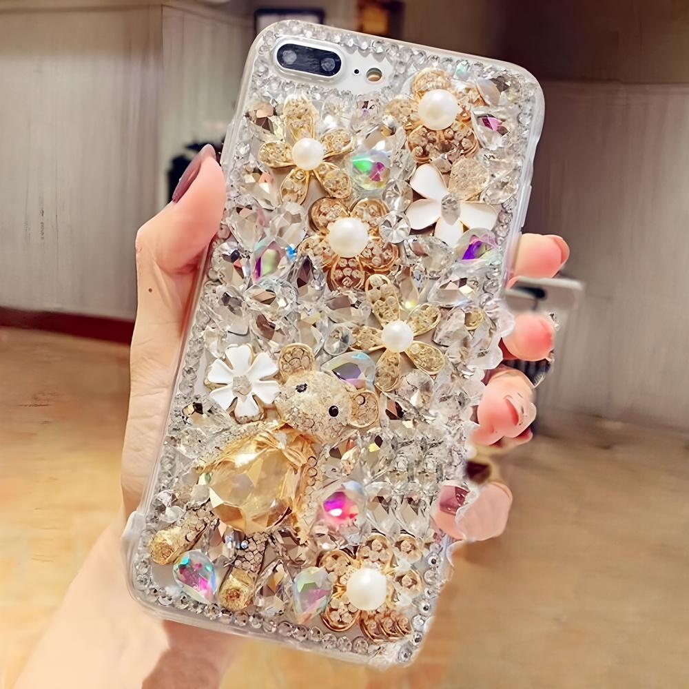 Glitter Rhinestone Phone Case compatible with For iPhone 17 16 15 14 13 12 11 Pro Max Air mini 16e 8 7 Plus X XS XR Crystal Floral Bear Design Cover