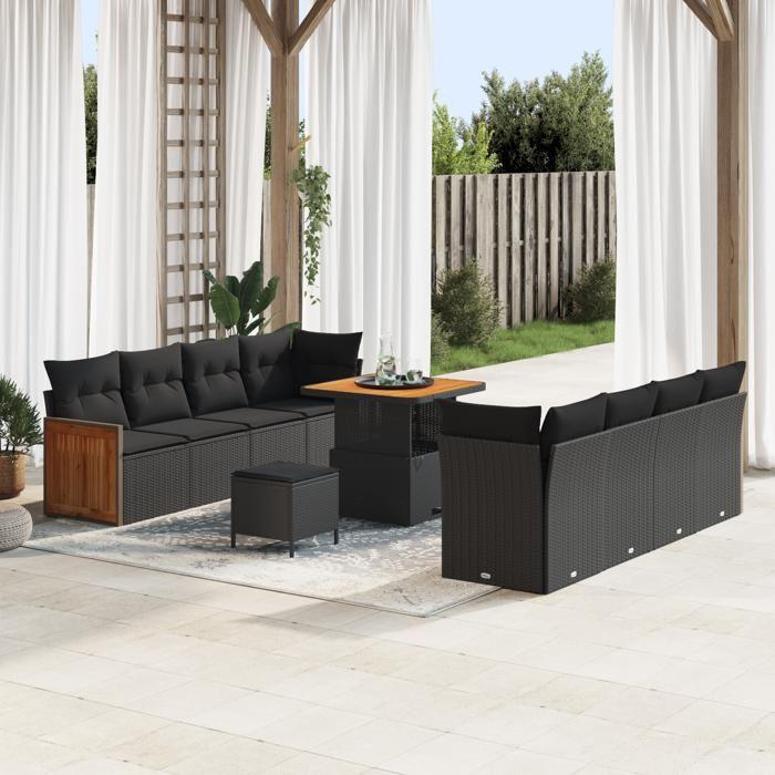 Ensemble de Sofa de Jardin vidaXL 11 Pièces avec Coussins Noir Rotin Synthétique Acacia, Ensemble de Salle à Manger de 3365224