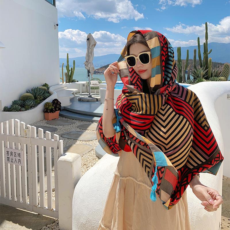 New Spring and Summer Seaside Beach Towel Cotton and Linen Ethnic Style Travel Dual-purpose Silk Scarf Sunscreen Scarf Shawl Printed Shawl