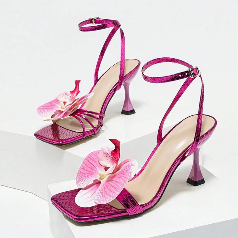 Flowers Square Toe Open Toe Women High Heel Brand Design Narrow Band Party  Women's Thin High Sandals Summer Sexy Stripper Shoes