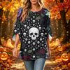 Women's Halloween Printed Casual Loose Fit Top with Round Neck and Three-Quarter Sleeves