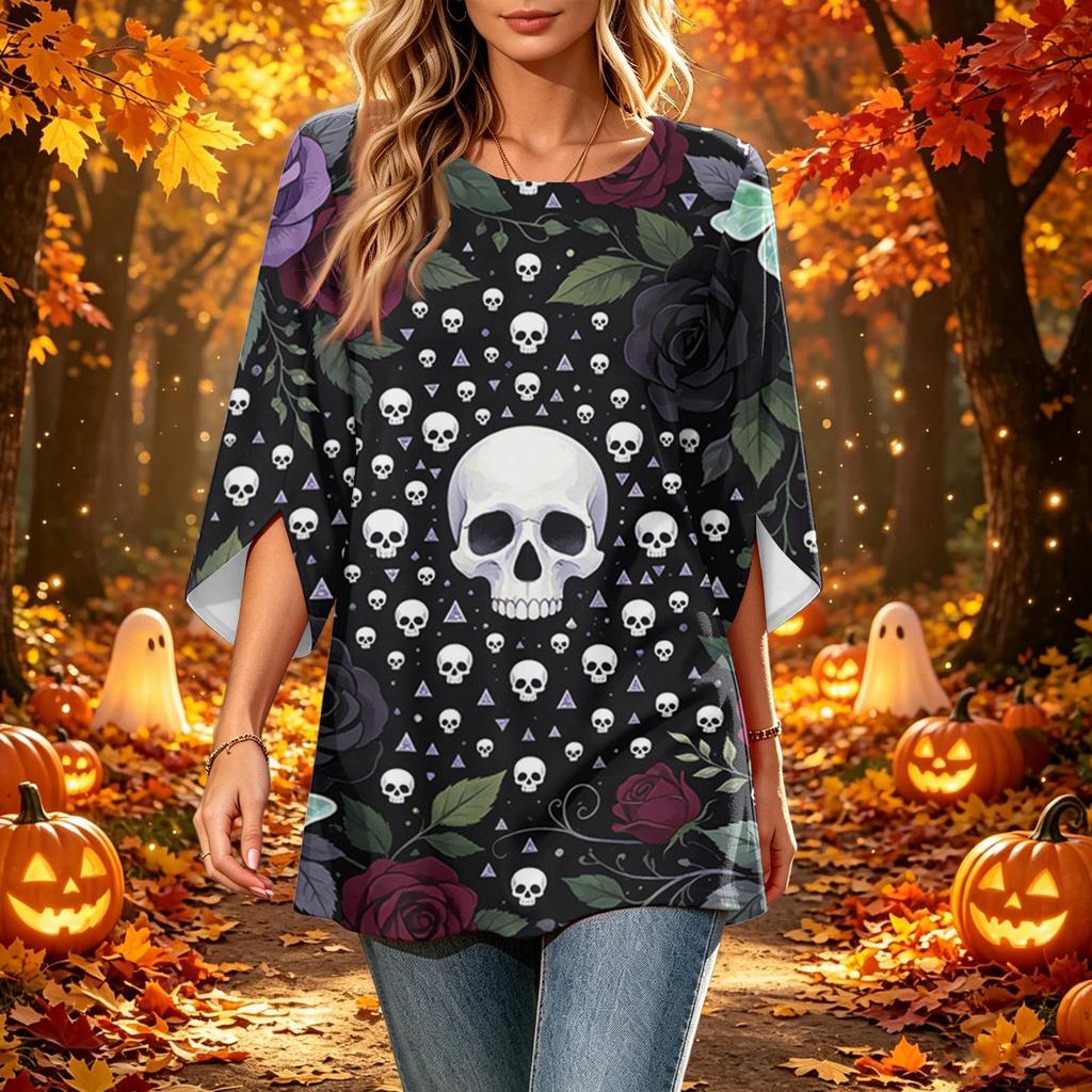 Women's Halloween Printed Casual Loose Fit Top with Round Neck and Three-Quarter Sleeves
