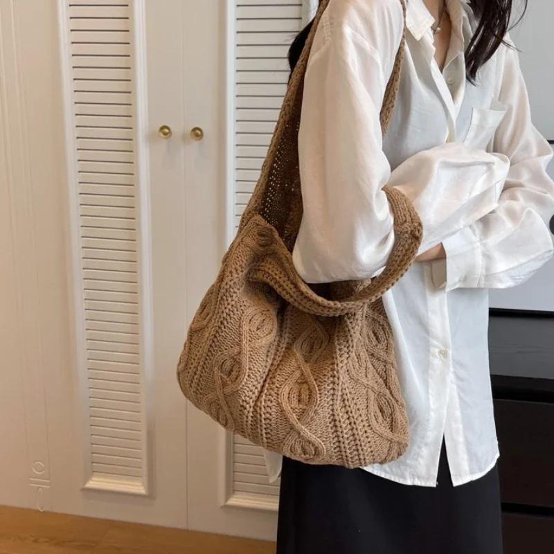 Wool Knitted Shoulder Shopping Bag for Women Vintage Cotton Cloth Girls Tote Shopper Bag Large Female Handbag Crochet Bag