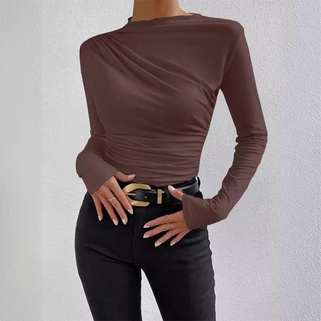 Women's Solid Color Slim-Fit Long-Sleeve Pleated T-Shirt, 2025 European & American Style
