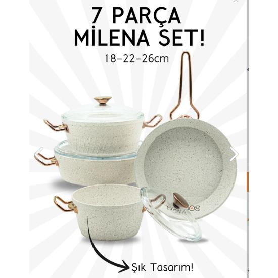 

Milena 7 предметов из белоснежного гранита - набор кастрюль и сковородок с ручкой из розового золота