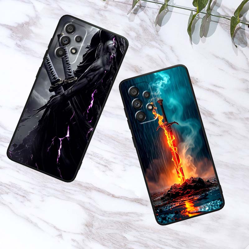 Ancient style swordsman For Samsung A73 A72 A71 A55 A54 A53 A52 A51 A13 A22 A16 A15 A12 A14 A26 A07 5G Black Phone Case