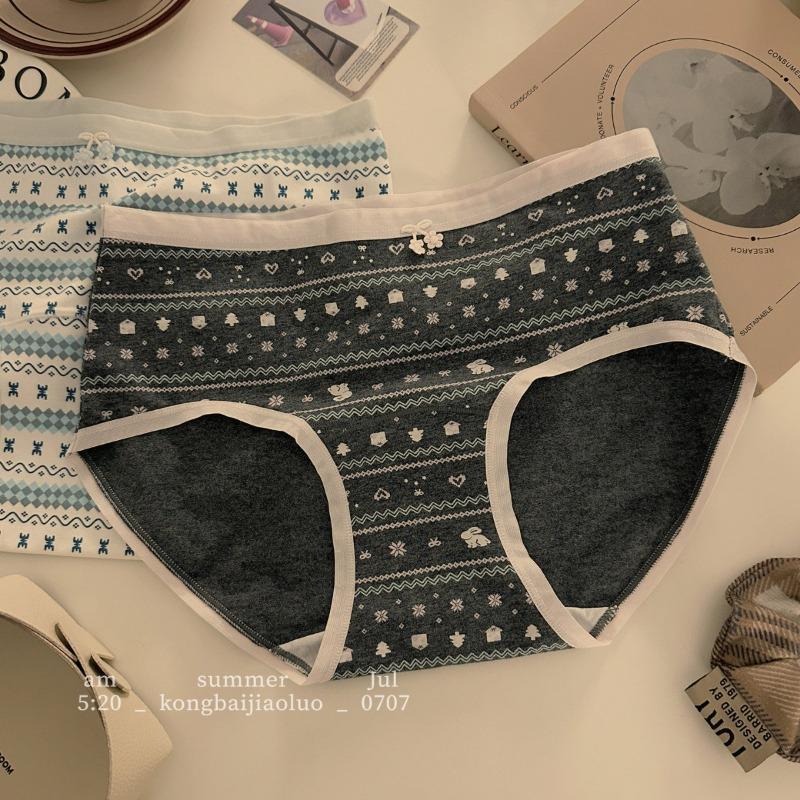Female Summer Printed Cotton Extended Crotch No Trace Breathable Middle Waist Triangle Briefs