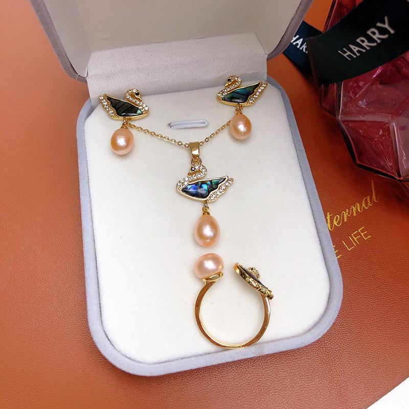 Freshwater Pearl & Abalone Shell Swan-Inspired Jewelry Set: Bracelet, Pendant & Earrings No chain, no box