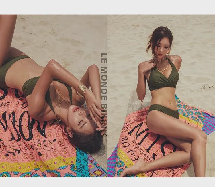 Kaoyi Black Halter Bikini: Sexy Split Swimsuit with Gathered Cups and Lace-Up Details for Women